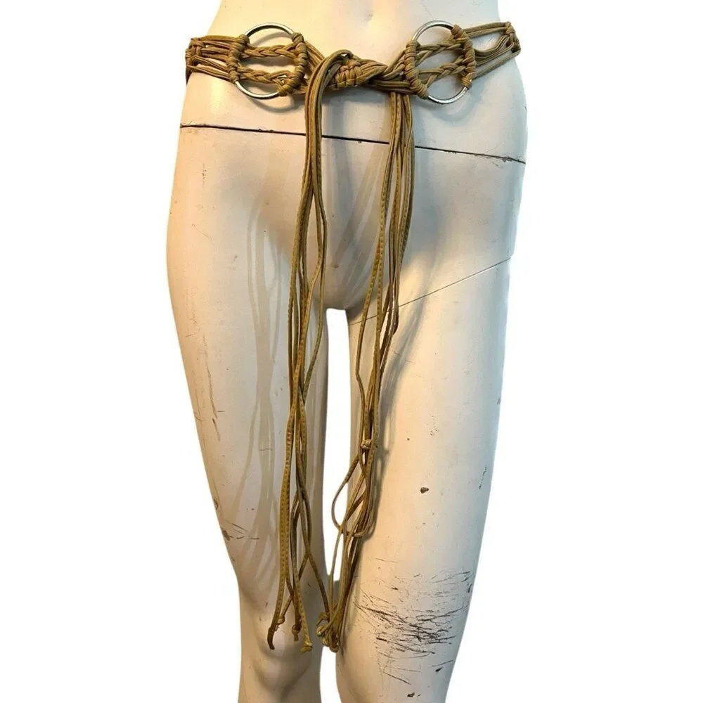 Tan Faux Leather Knotted Rope Waist Belt Round Silver Metal Rings Long Strands